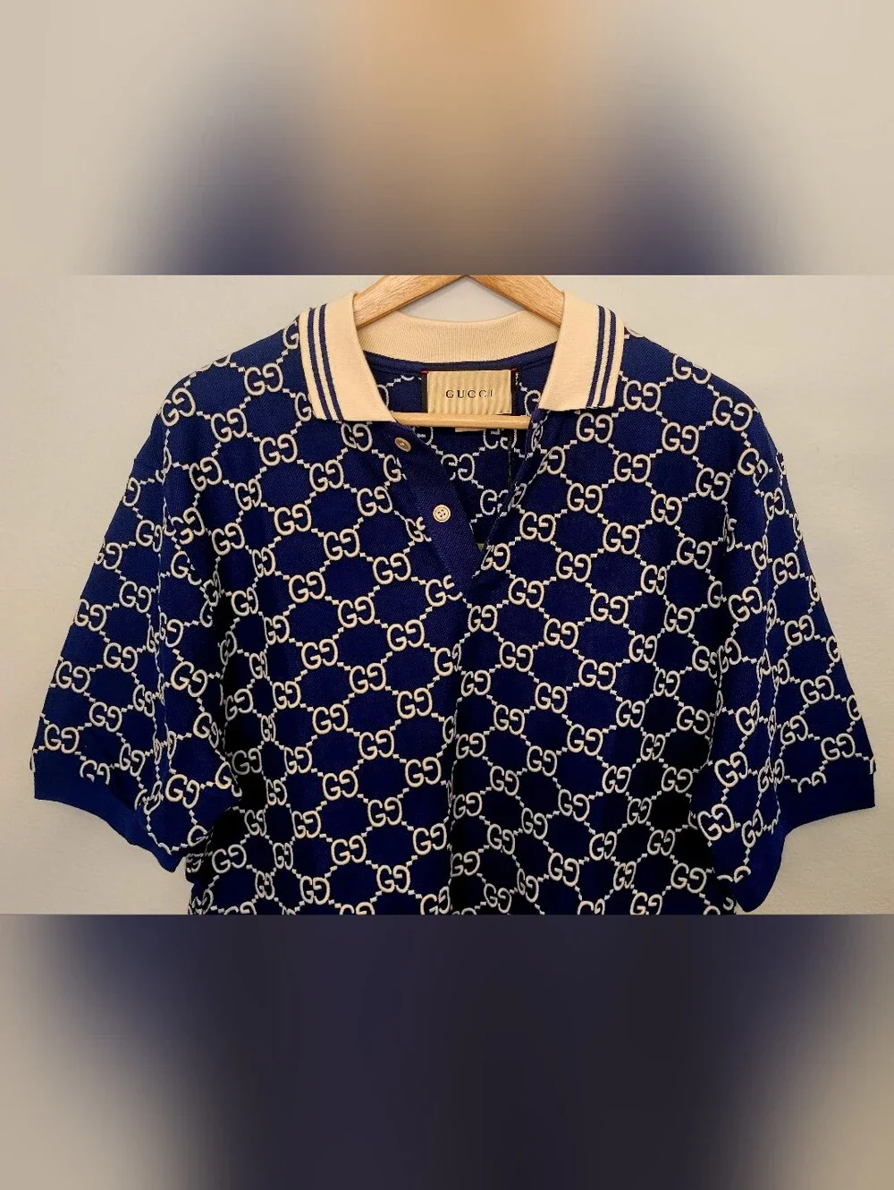 🇮🇹 Gucci Navy Blue GG 👕Jacquard Polo with Cream Collar🇮🇹